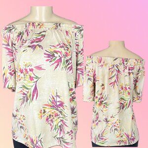 Jessica London 12/L Khaki Floral Elastic Off Shoulder Neckline Short Sleeve Top